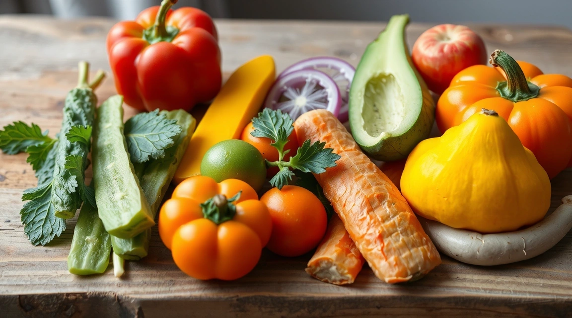 Frische, bunte Zutaten wie Gemüse und Obst auf einem Holzbrett