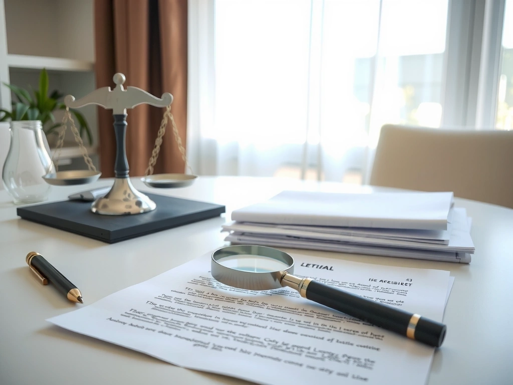 Rechtliche Dokumente und eine Waage, die Transparenz und Genauigkeit symbolisieren.