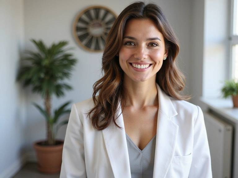 Επαγγελματική φωτογραφία της διατροφολόγου, χαμογελαστή και φιλική, σε ένα φωτεινό και μοντέρνο γραφείο.